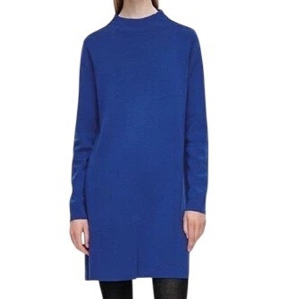NWT COS 100% Merino Wool Mock Neck Long Sleeve Knit Tunic Dress Blue Size XS